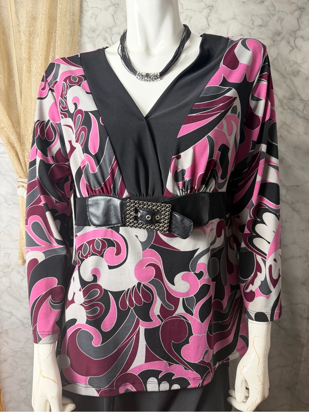 Retro Glam Faux Belt Detail Office Baddie Blouse Abstract Swirl Buckle Pink XL